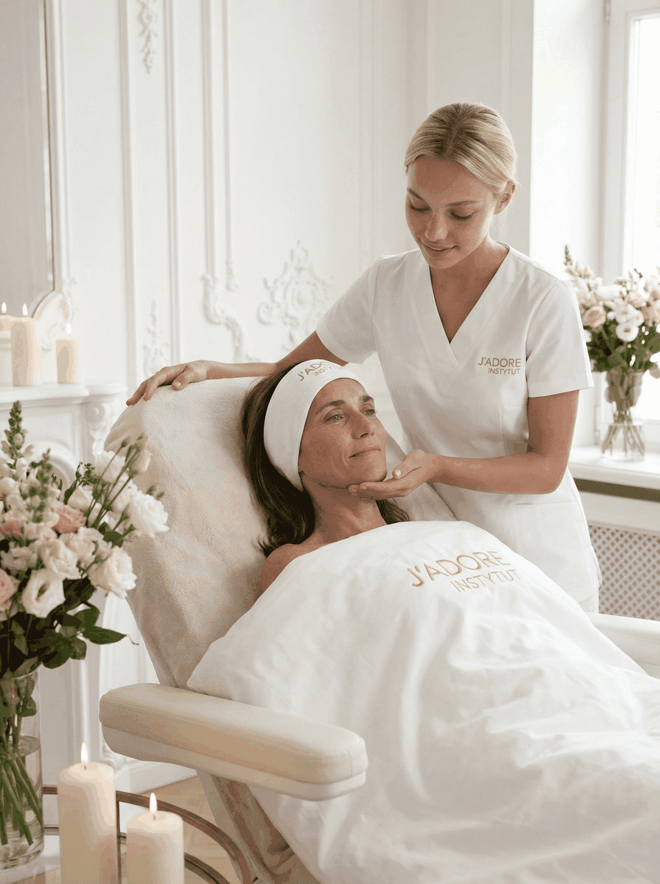 Ocena skóry przed ClearLift — specjalistka J'ADORE bada twarz klientki