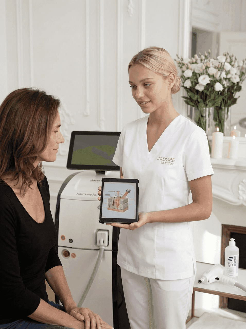 Specjalistka omawia anatomię skóry na tablecie przed ClearLift J'ADORE