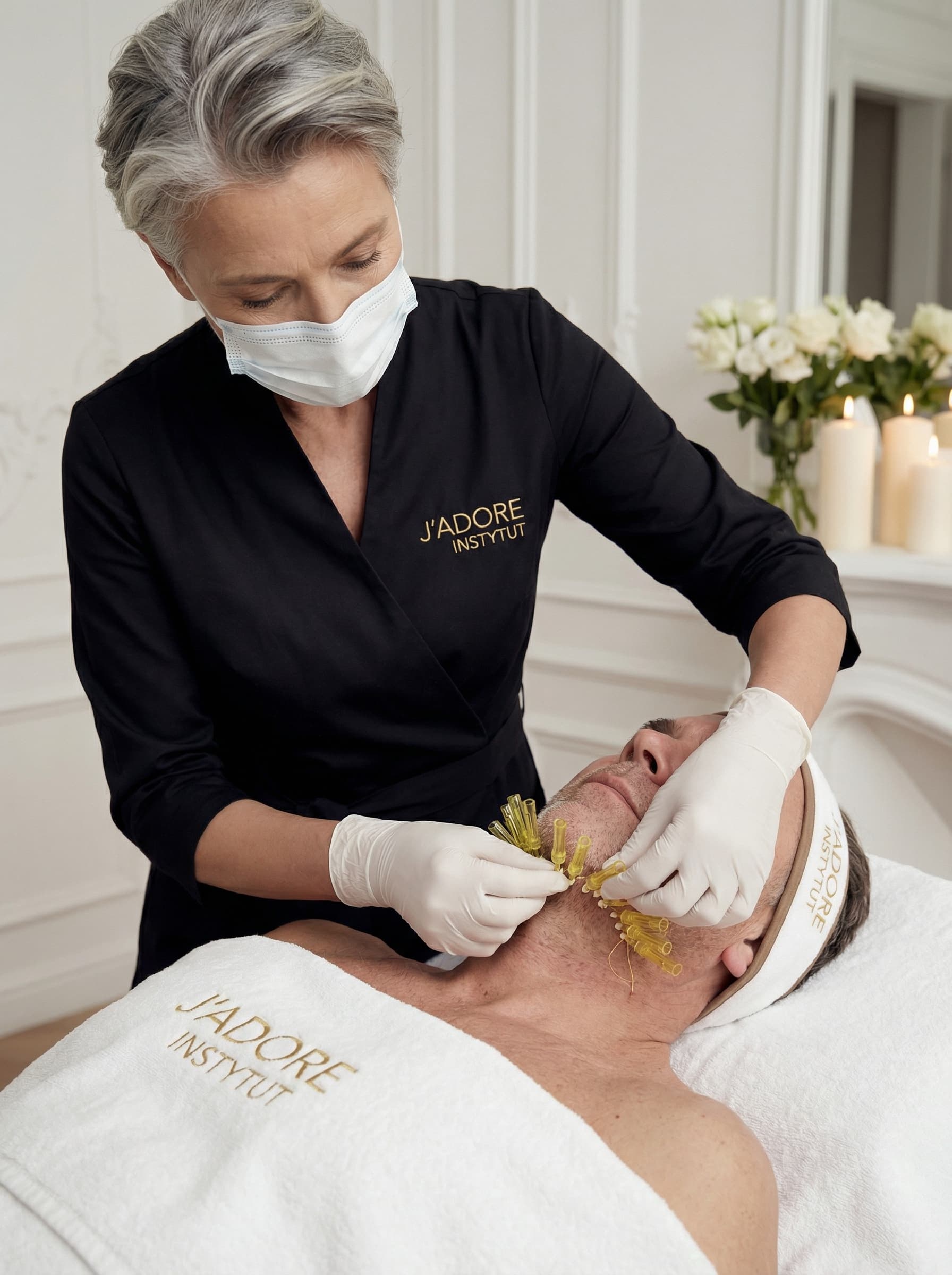 Złote nici PDO liftingujące widoczne na policzku klienta J'ADORE — zabieg liftingu bez skalpela