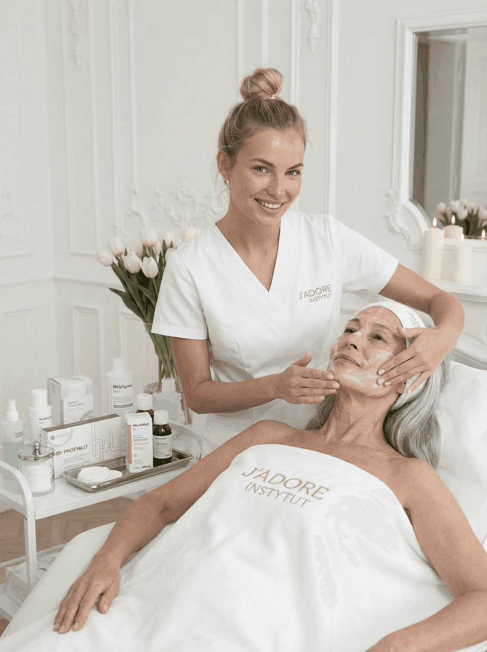 Specjalistka J'ADORE nakłada peeling medyczny na twarz starszej klientki — zabieg odmładzający