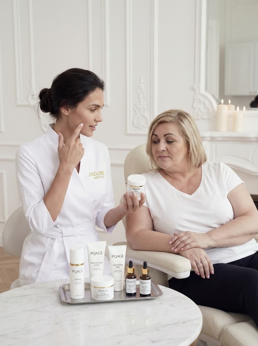 Specjalistka J'ADORE omawia z klientką produkty PQAGE po peelingu — zalecenia pielęgnacyjne