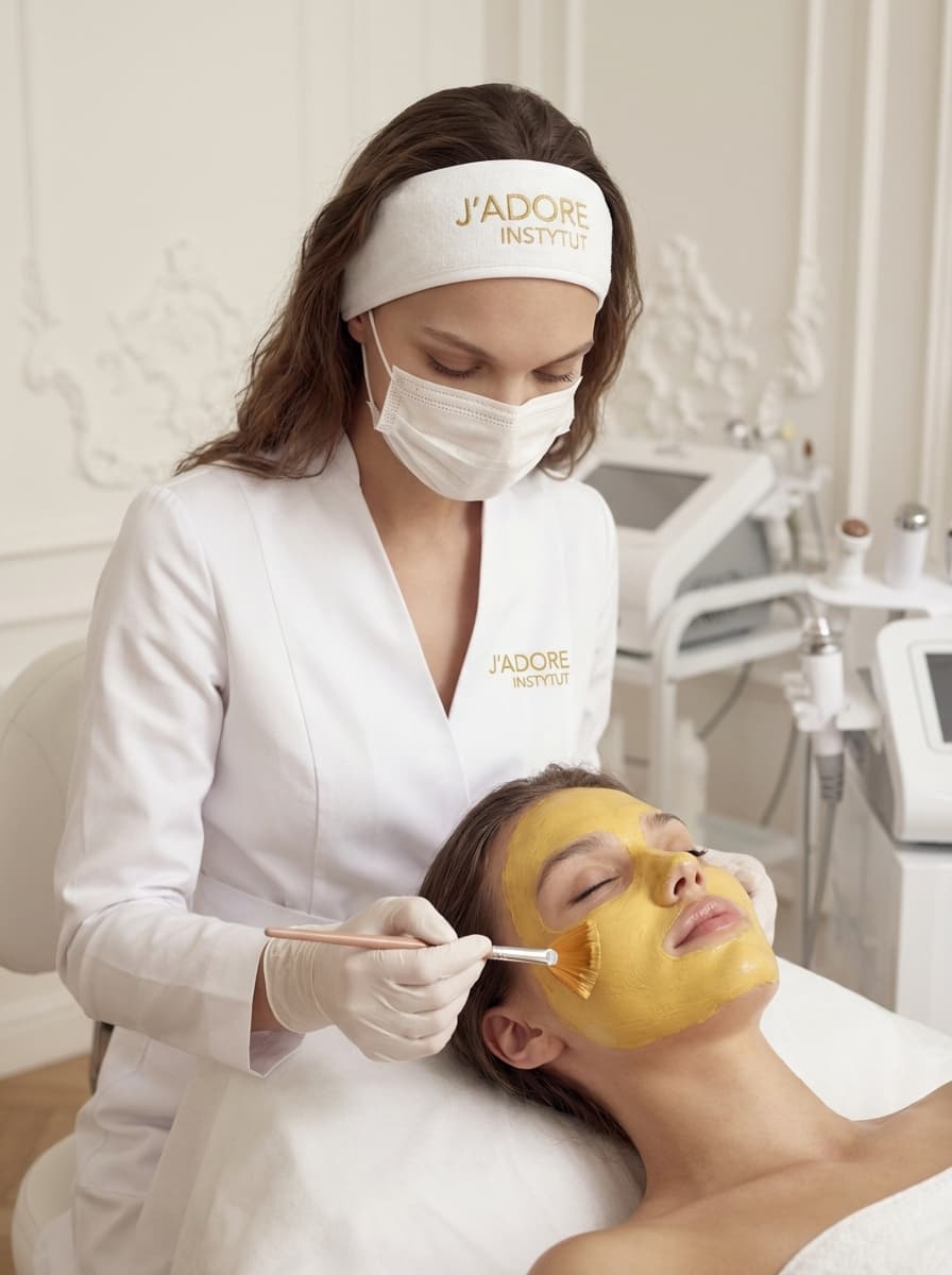Specjalistka J'ADORE nakłada złoty peeling pędzelkiem na twarz klientki — urządzenia w tle